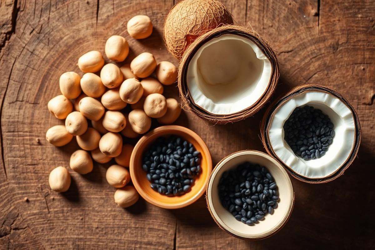 Raw groundnuts, coconuts and black sesame seeds