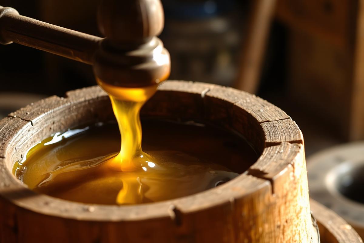 Cold-pressed oil flowing from a wooden chekku