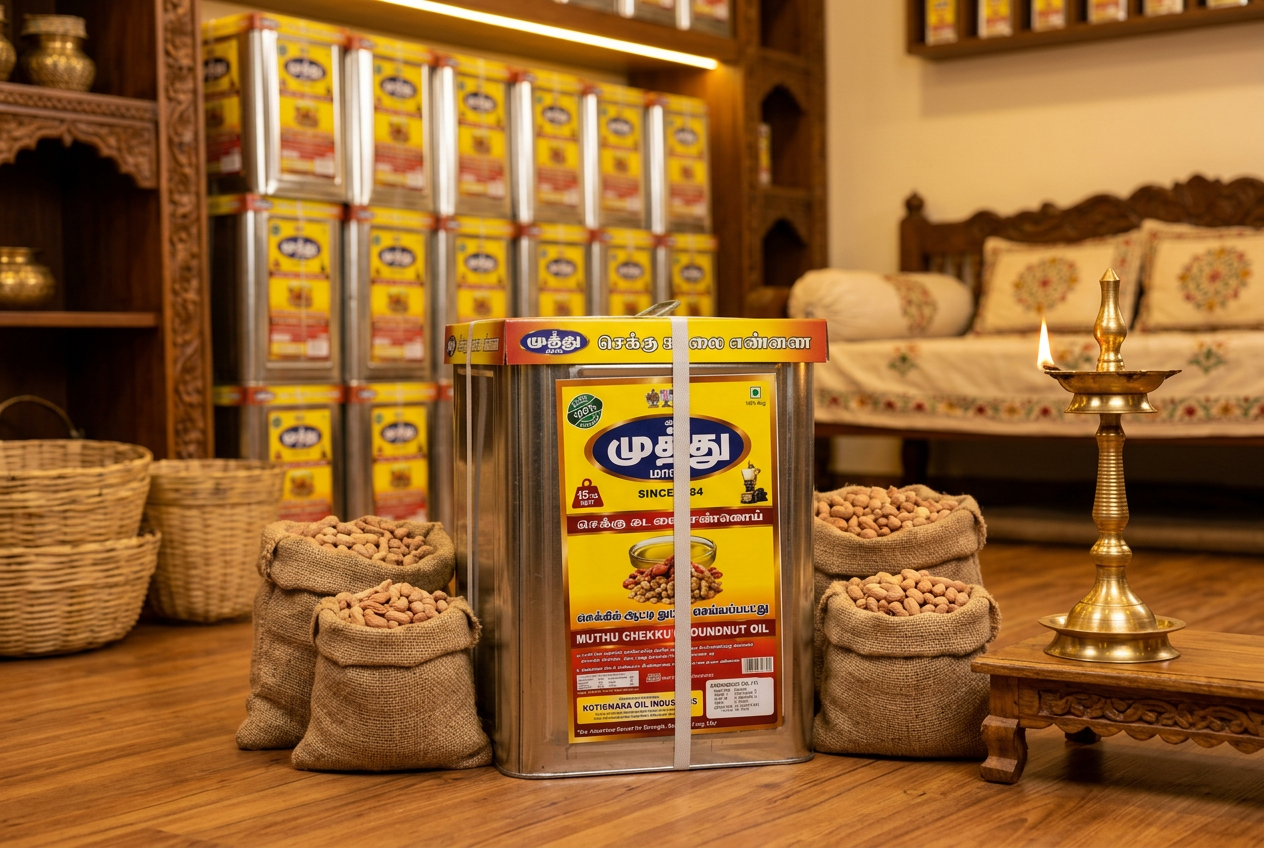 Sri Muthu 15kg groundnut tin in a traditional store