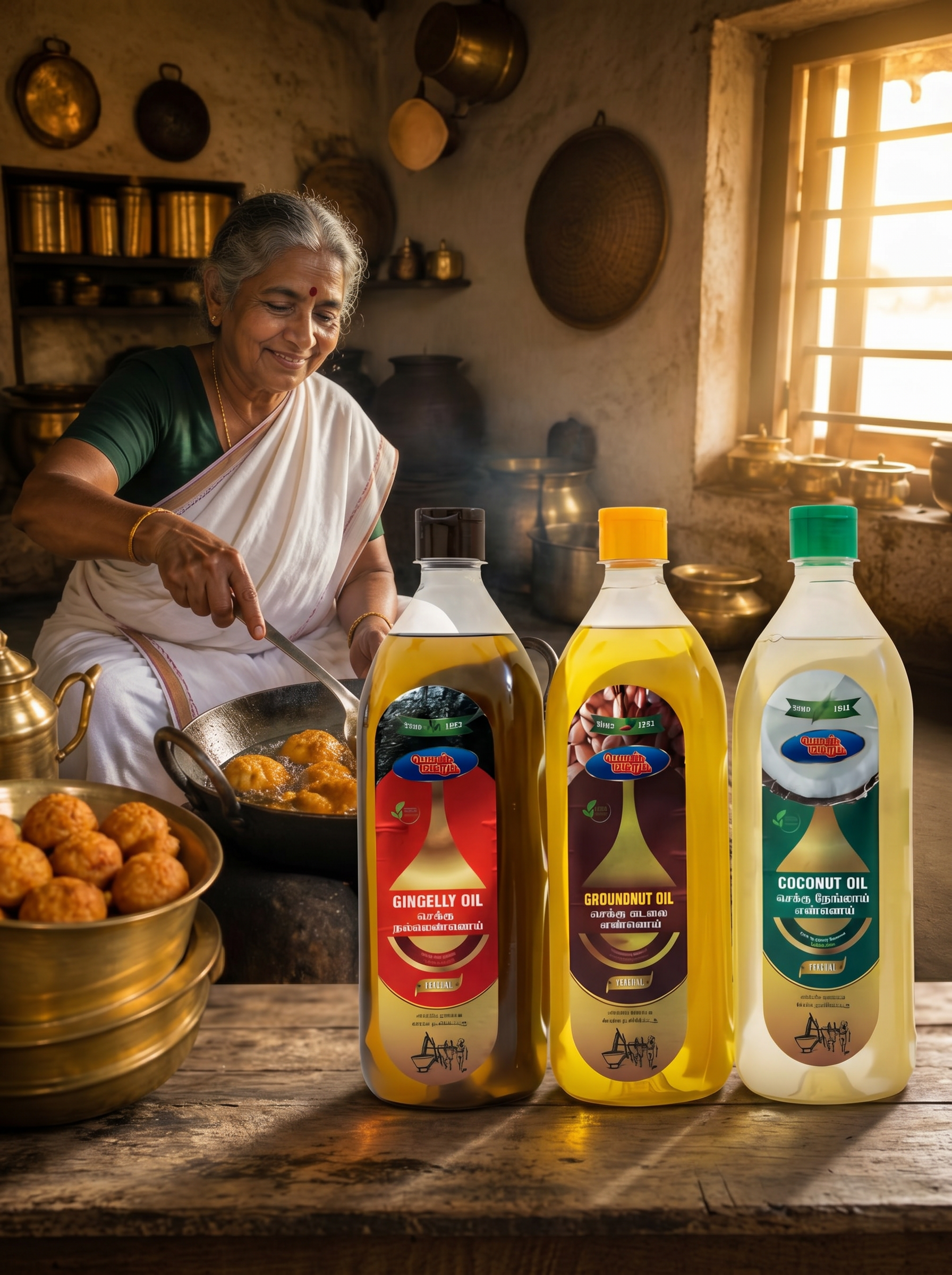A grandmother cooking in a traditional South Indian kitchen with brass pots and fresh ingredients, with Kotiswara oil bottles visible in the foreground