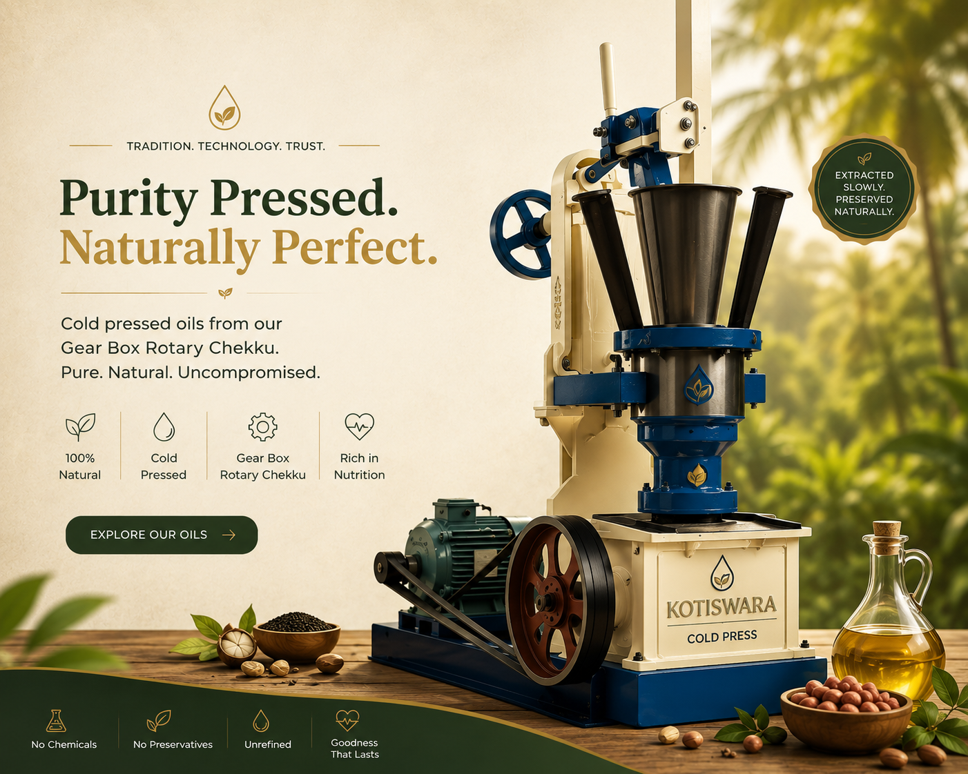 Kotiswara Cold Press — Gear Box Rotary Chekku with pure coconut, groundnut and sesame oil